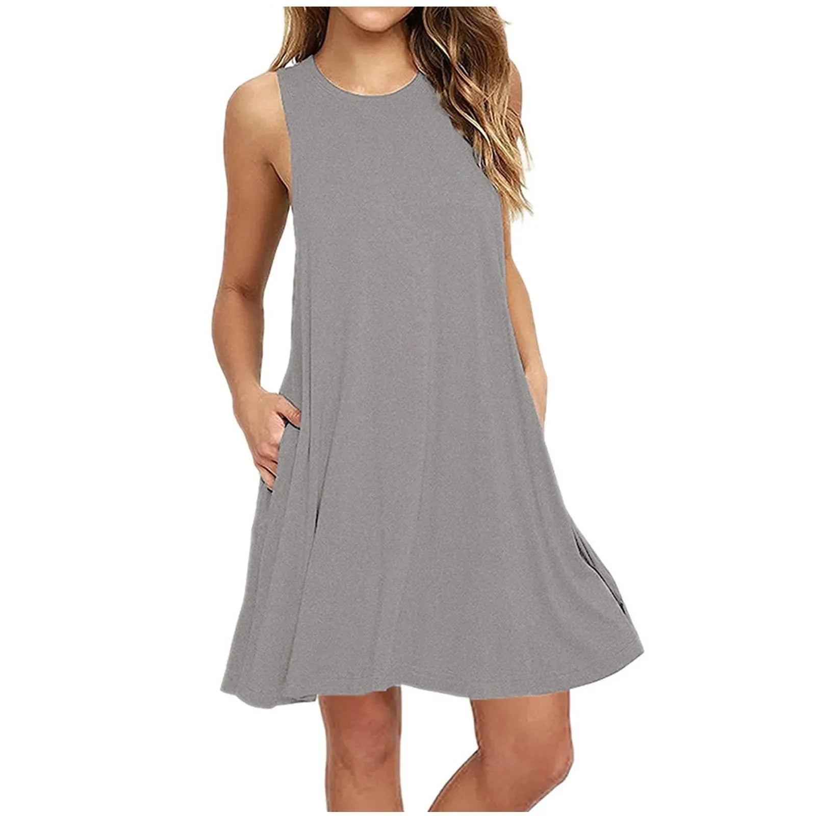 Fashion Women Casual Solid Pockets Sleeveless Above Knee Dress
