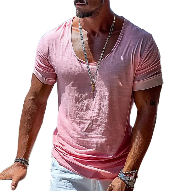 Leisure O Neck Short Sleeve Loose T-shirt Men Casual Solid Color Pink T Shirts For Mens 2025 Spring Summer Fashion Simple Tees