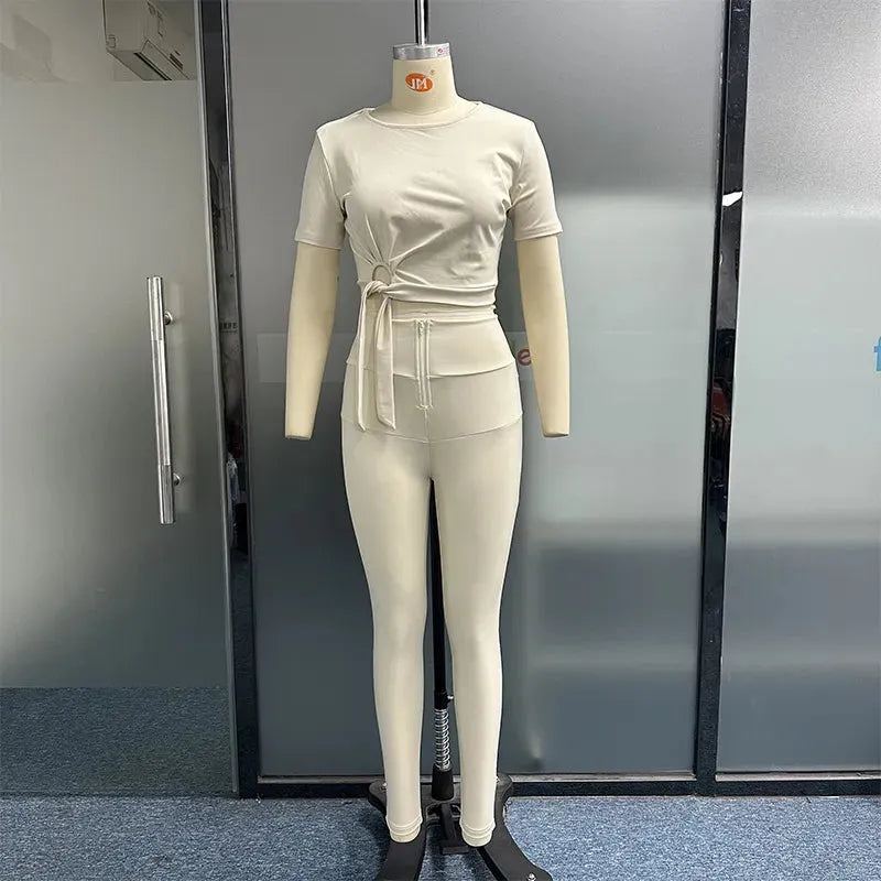 Women Two Piece Set Summer Casual Solid Round Neck Lace Up Short Sleeve Top Sim With Pockets Pants Sets Streetwear