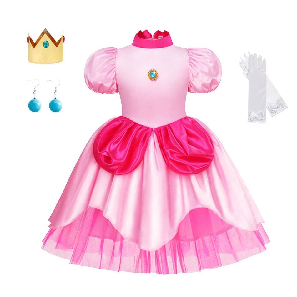 Peach Princess Cosplay Dress Girl Movie Role Playing Costume Birthday Party Stage Performace Outfits Kids Carnival Fancy Clothes