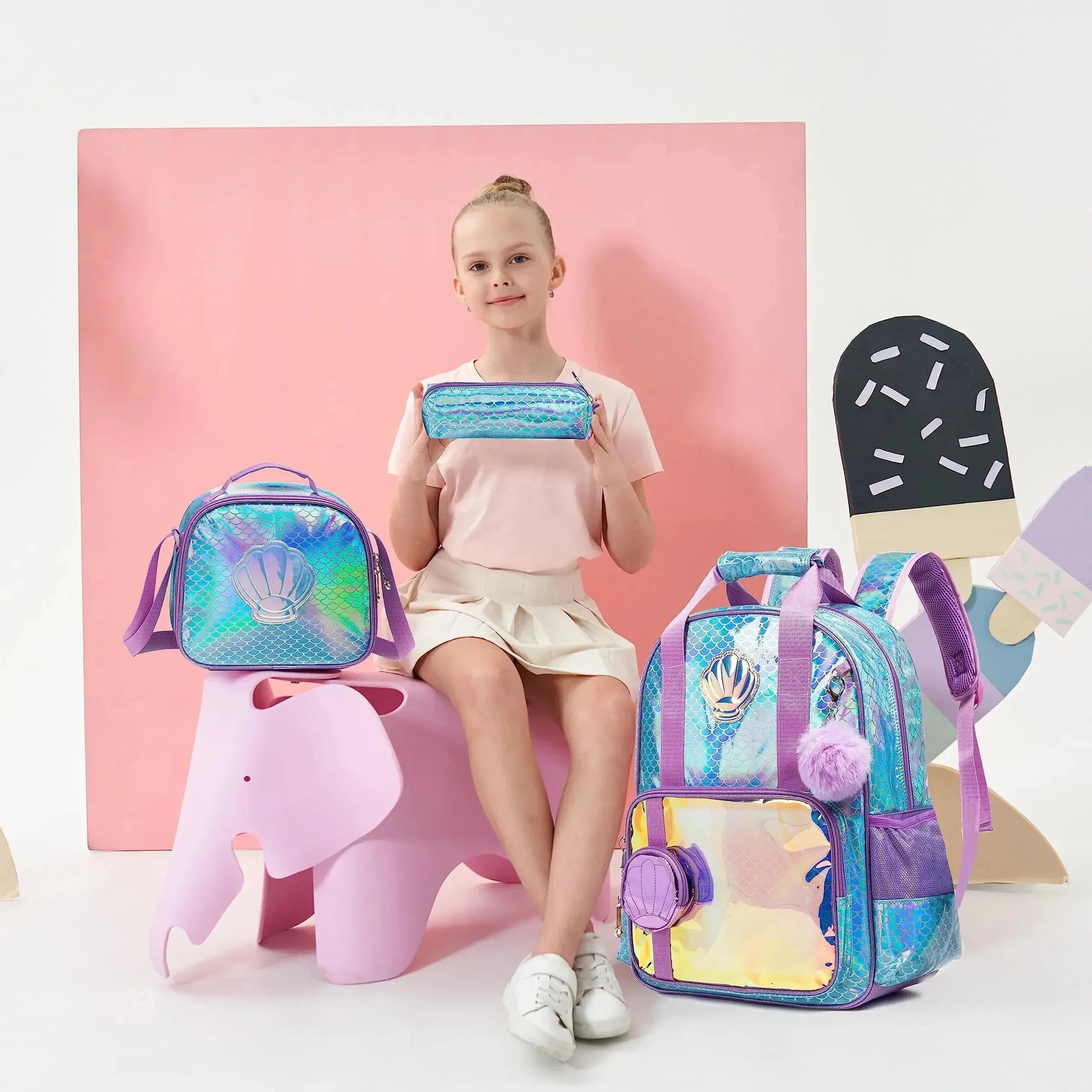 BIKAB Backpack for Girls rainbow and star School Bag with Lunch Box Set for Kindergarten Glitter Sequin Bookbag for Girls