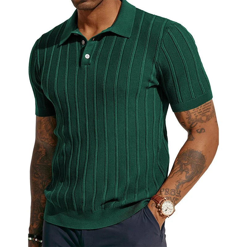 2024 Summer Short Sleeve Casual Polo Shirt Men Knitted Turn-down Collar Buttoned T Shirts Vintage Striped Knitting Solid Polos