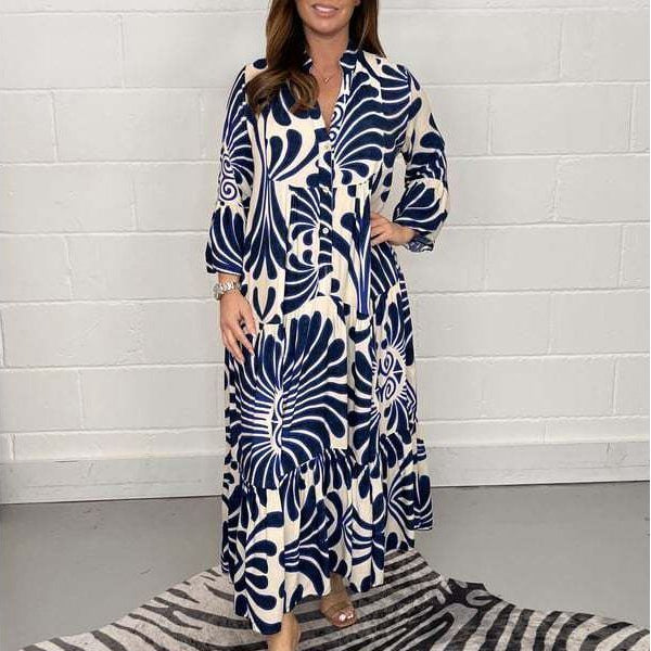 Women Vintage Print Maxi Dress Summer Casual Turn-down Collar Long Sleeve Long Dress Female Boho Beach Shirt Dress - Jointcorp