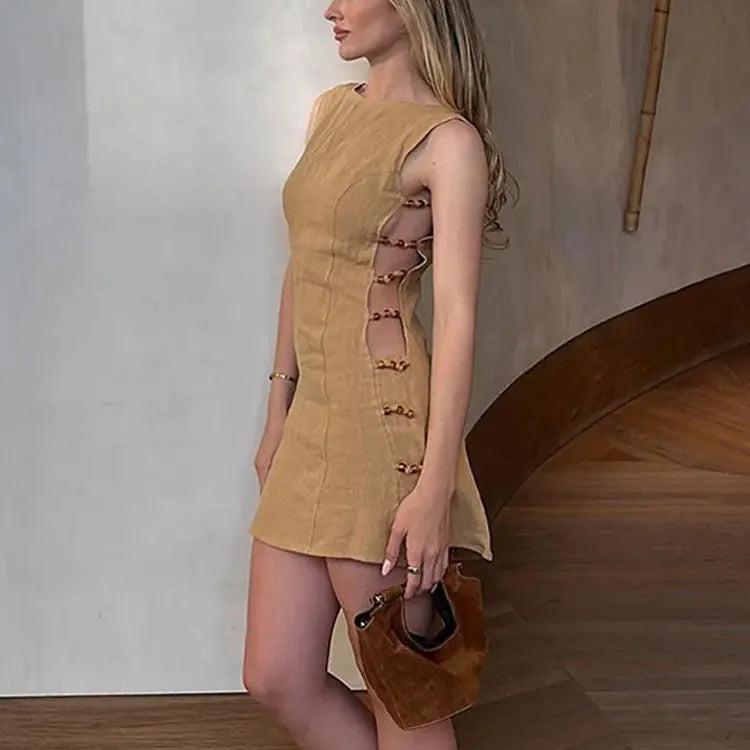 Chic Side Beaded Hollow Out Women Mini Dresses O-neck Backless Sleeveless Slim Dress 2024 Spring Lady High Street Vestidos