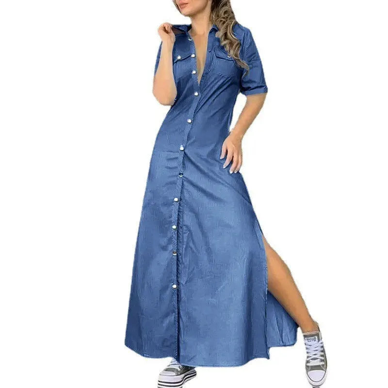 Summer Oversized Women's Lapel Button Denim Dress Solid Color Oversized Loose Slit Dress Fashion Casual Pocket Long Dress