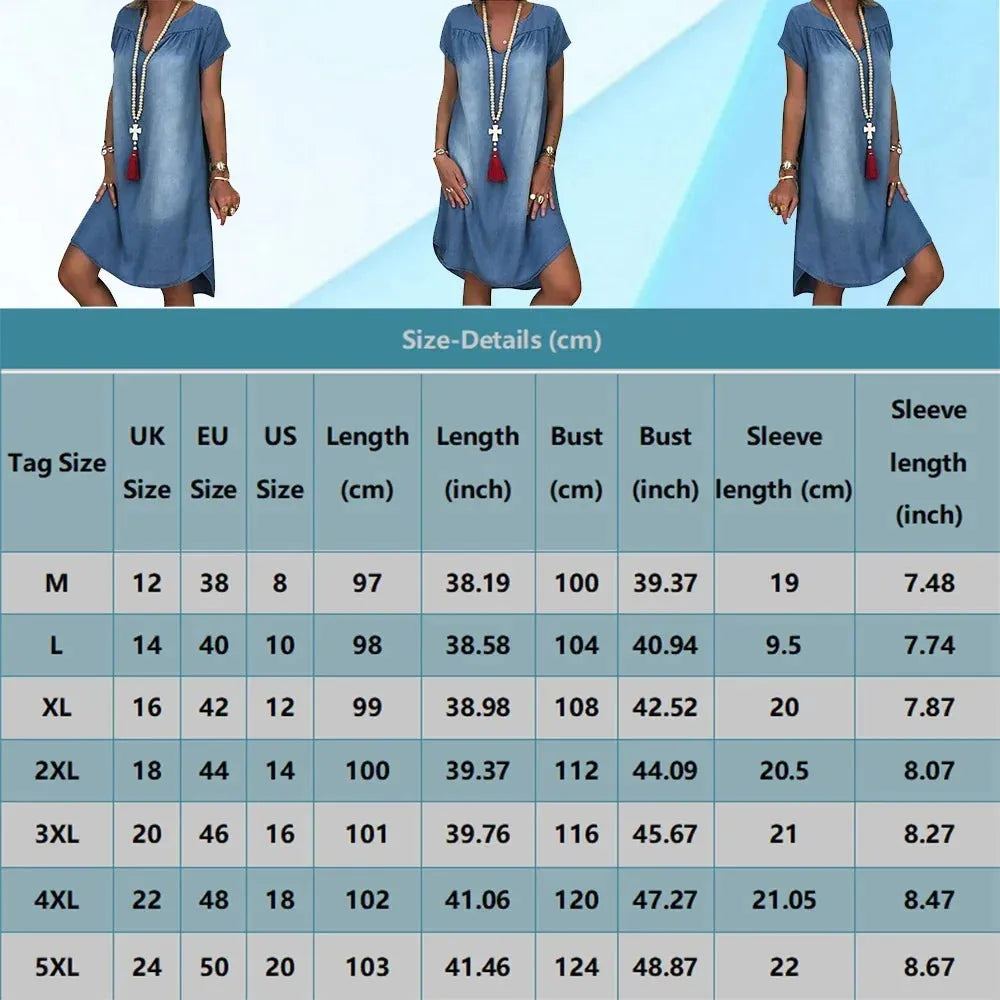 Denim Dress S-5xl Women's NEW Fashion Casual Solid Sexy V Neck Long Party Loose платье Short Sleeve Swing Summer Dress