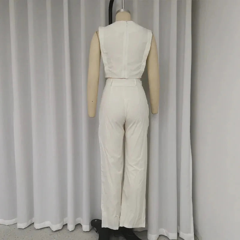 Women Two Piece Set Office Casual Solid Sleeveless Round Neck High Waist Tank Top Loose Wide Legs Pants Set Streetwear