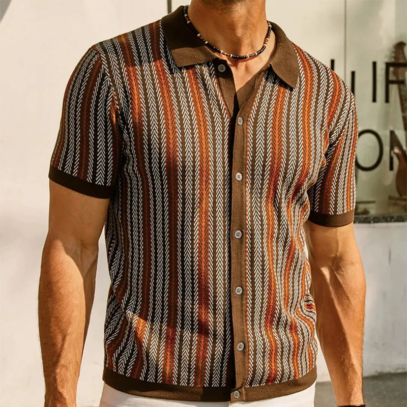 Streetwear Mens Knitwear Summer Short-sleeved Buttoned Lapel Casual Knit Shirt Men Cardigan Tops Vintage Jacquard Striped Shirts