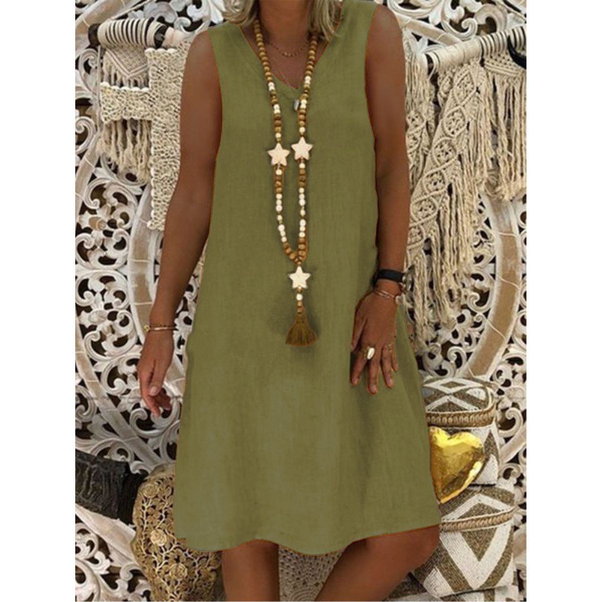 Retro Tank Dress Summer Women Dress Cotton Linen V Neck Sleeveless Solid Beachwear Casual Women's Clothing Vintage dresses - Jointcorp