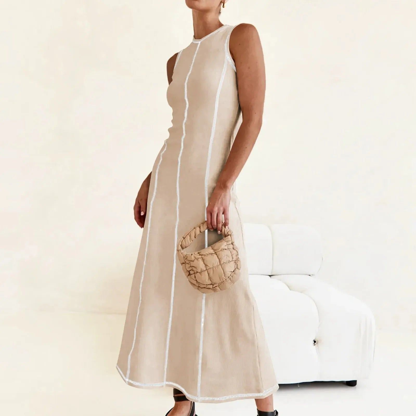 New Contrasting Line Dress Round Necked Sleeveless Slim Fit Vest Dresses For Women Summer Fashion Trend All-Match Vacation Dress