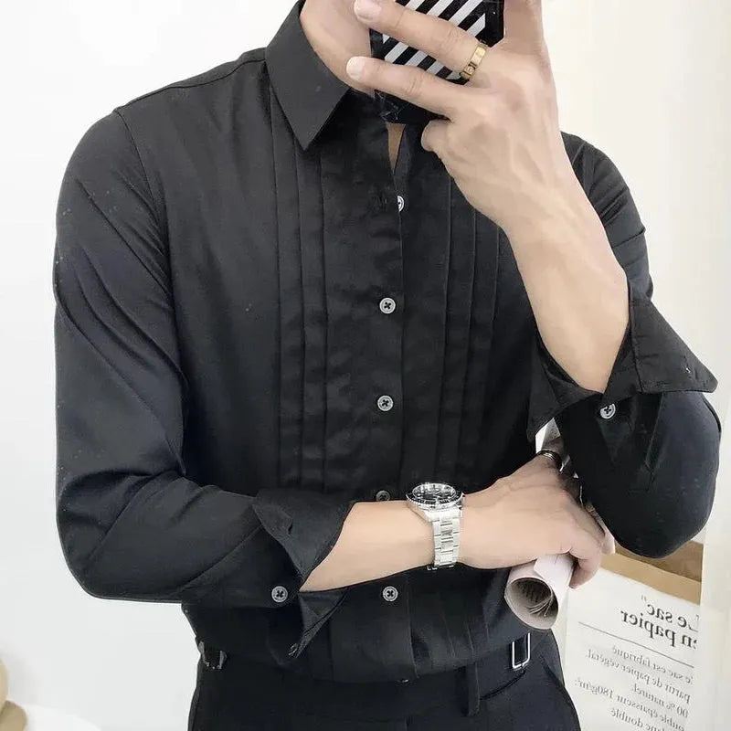 Spring Autumn New Solid Color Fashion Long Sleeve Shirt Man High Street Casual Button England Pleated Office All-match Cardigan