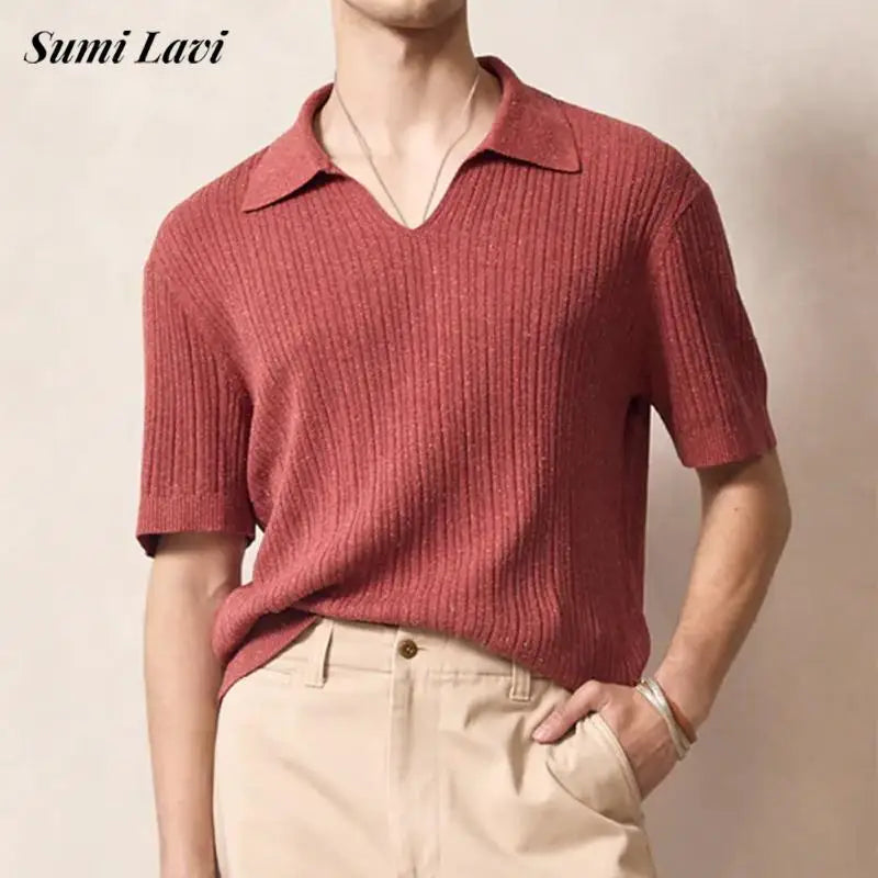 Trendy Solid Color Slim Polo Shirts Mens Summer Short Sleeve Turn-down Collar Knit Tops For Men Streetwear Casual Polo Pullovers