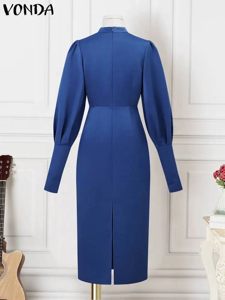 VONDA Elegant Party Dress 2023 Autumn Women Satin Silk Dress Long Sleeve Sundress Stand Collar Solid Color Casual Vestidos Robe