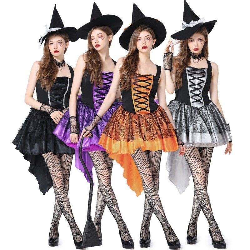 Halloween Purple Orange Sexy Mesh Strap Witch Costumes for Women Adult Fantasy Witch Party Cosplay Carnival Performance Dress