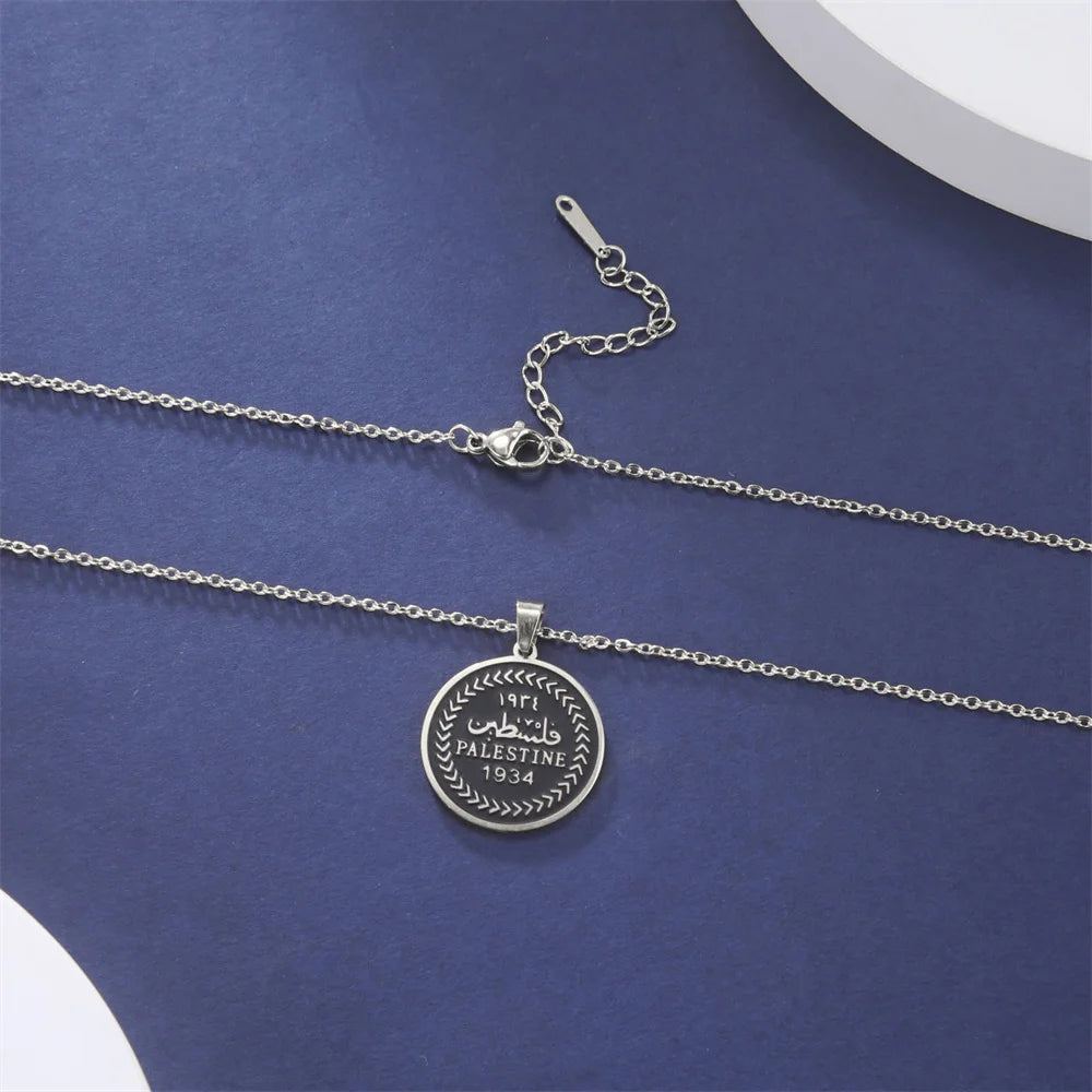 EUEAVAN Retro Palestine Pendant Necklaces Stainless Steel Character Round Necklace Vintage Fashion Jewelry for Woman Man Gift