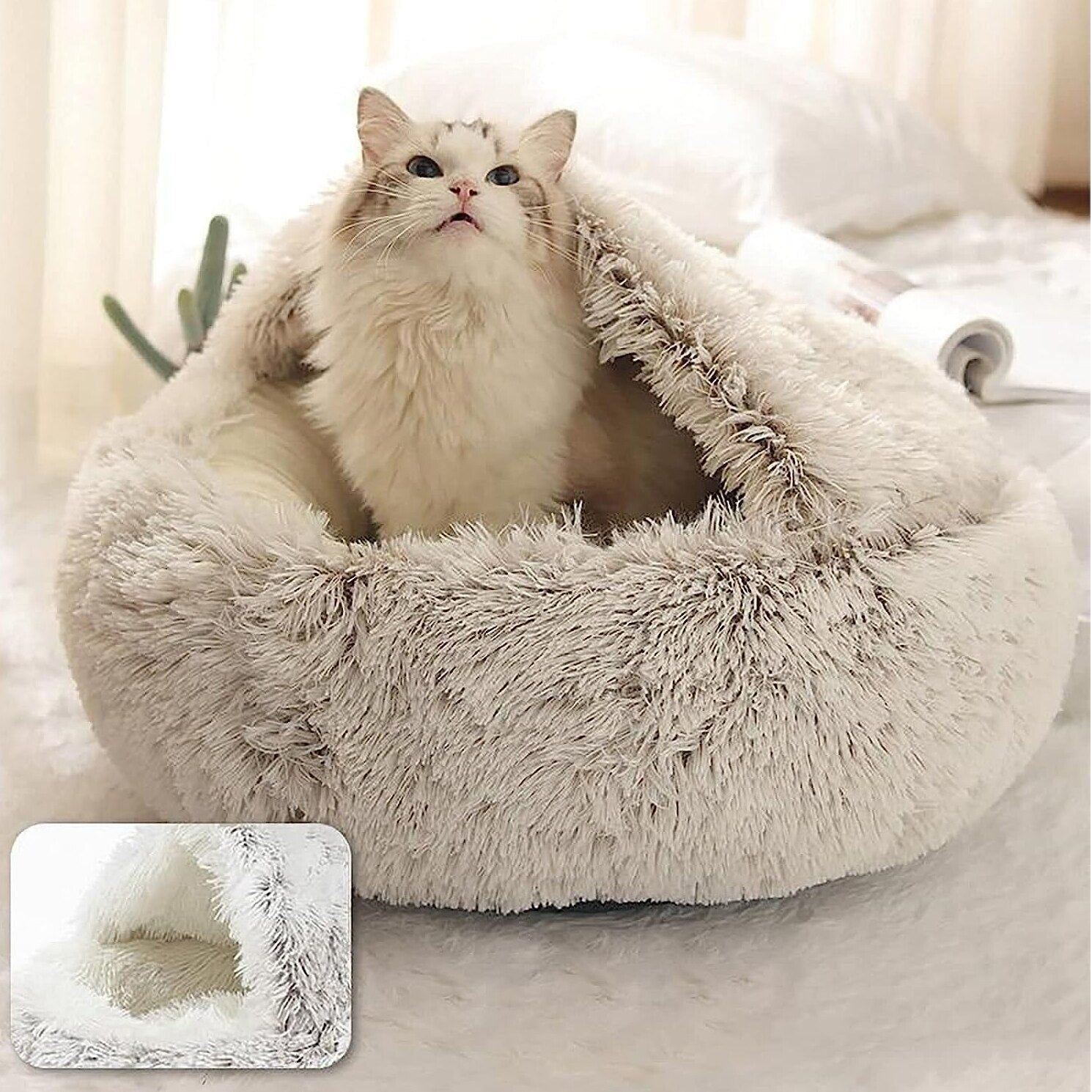 Plush Round Cat Bed Pet Mattress Warm Soft Comfortable Basket Cat Dog 2 in 1 Sleeping Bag Nest for Small Dogs