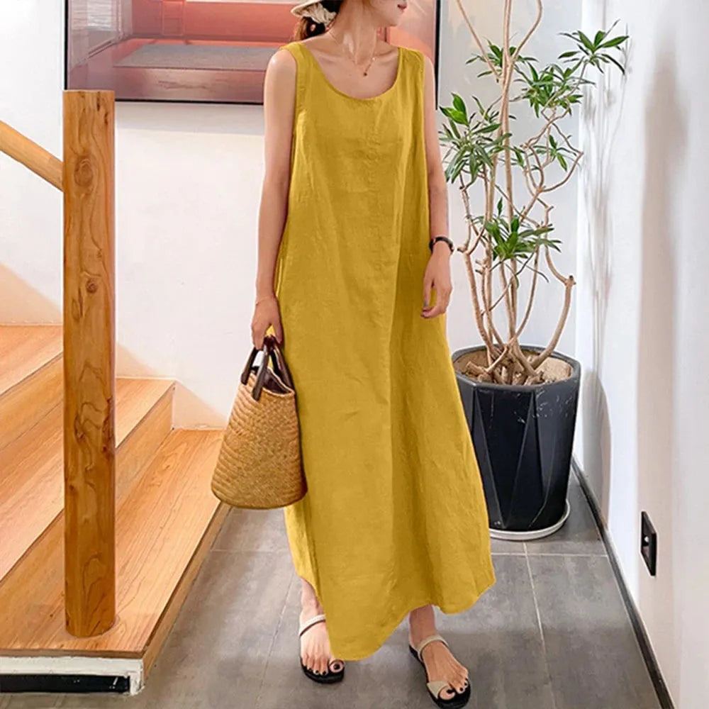 Summer New Cotton Linen Dress Women Solid Color Casual Round Neck Long Sleeveless Dress Holiday Simple Pockets Loose Beach Dress