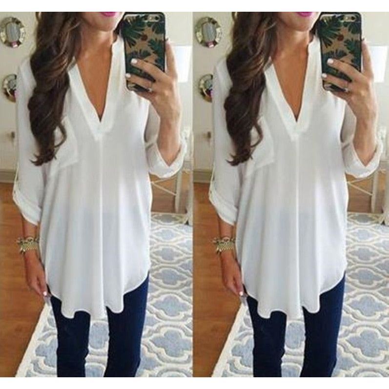 Loose Maternity V-Neck Blouse Long Sleeve Shirt Pullover Tops Chiffon Female Women Solid T-Shirt Streetwear Clothing Plus Size - Jointcorp