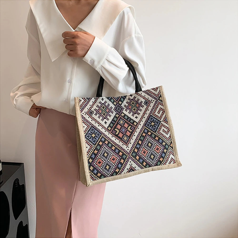 Ethnic Style Handbag Retro Tote Bag Women's Shoulder Bag Large Capacity Commuter Organizer Summer Female Fashion Satchel