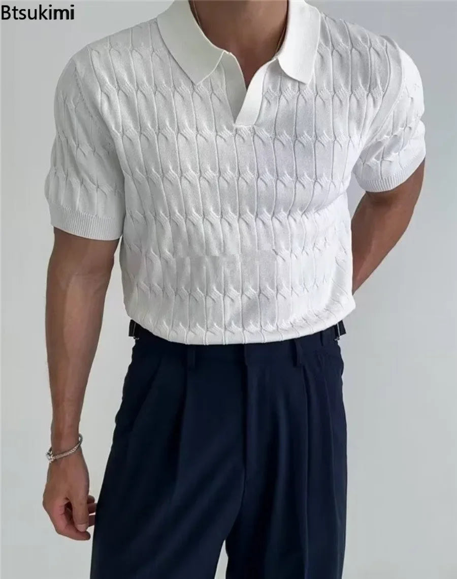 Summer Men's Jacquard Knitted Polo Shirts Stylish V-neck Short-sleeved Lapel Knit Pullover Tops Men Business Casual Wear T-shirt