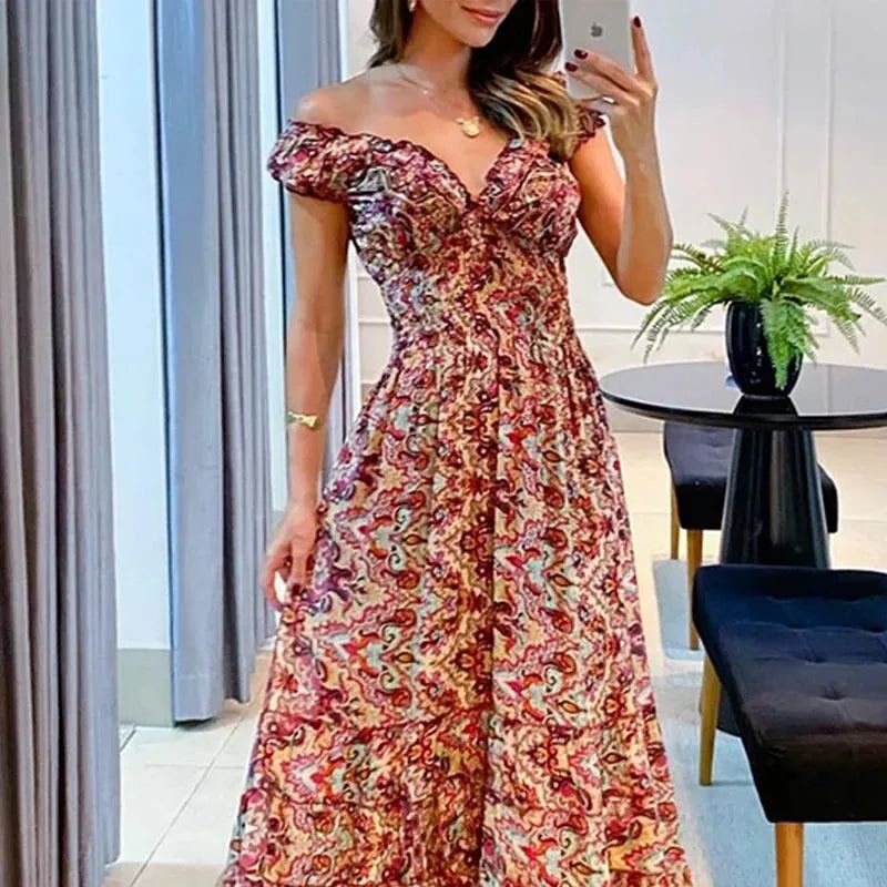 Women Maxi Dress Fashionable Strapless Short Sleeve V Neck