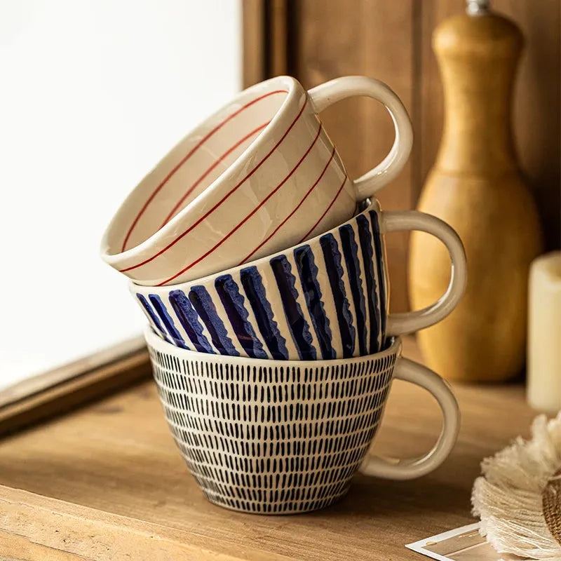 Japanese Style Irregular Hand-Painted Striped Ceramic Coffee Mug Large Capacity 400ml Drinkware Water Cup Oatmeal Cup Tea Cup