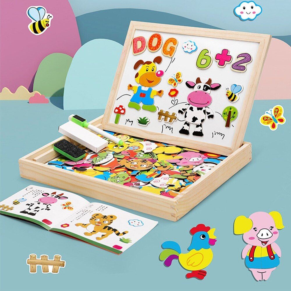 Wooden Multifunction Children Animal Puzzle Writing Magnetic Drawing Board Blackboard Learning Education Parent Child Toys