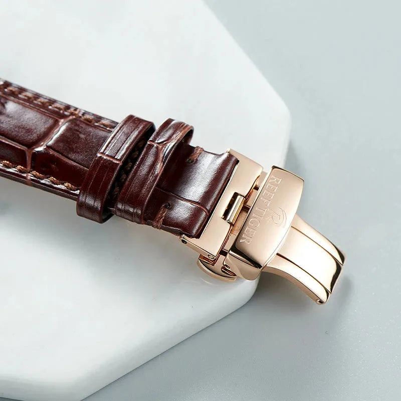 Reef Tiger/RT Luxury Rose Gold Watch Men's Automatic Mechanical Watches Tourbillon Watches with Brown Leather Strap RGA8239