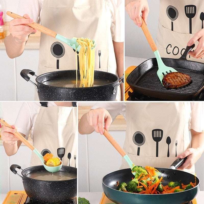 12Pcs/Set Wooden Handle Silicone Kitchen