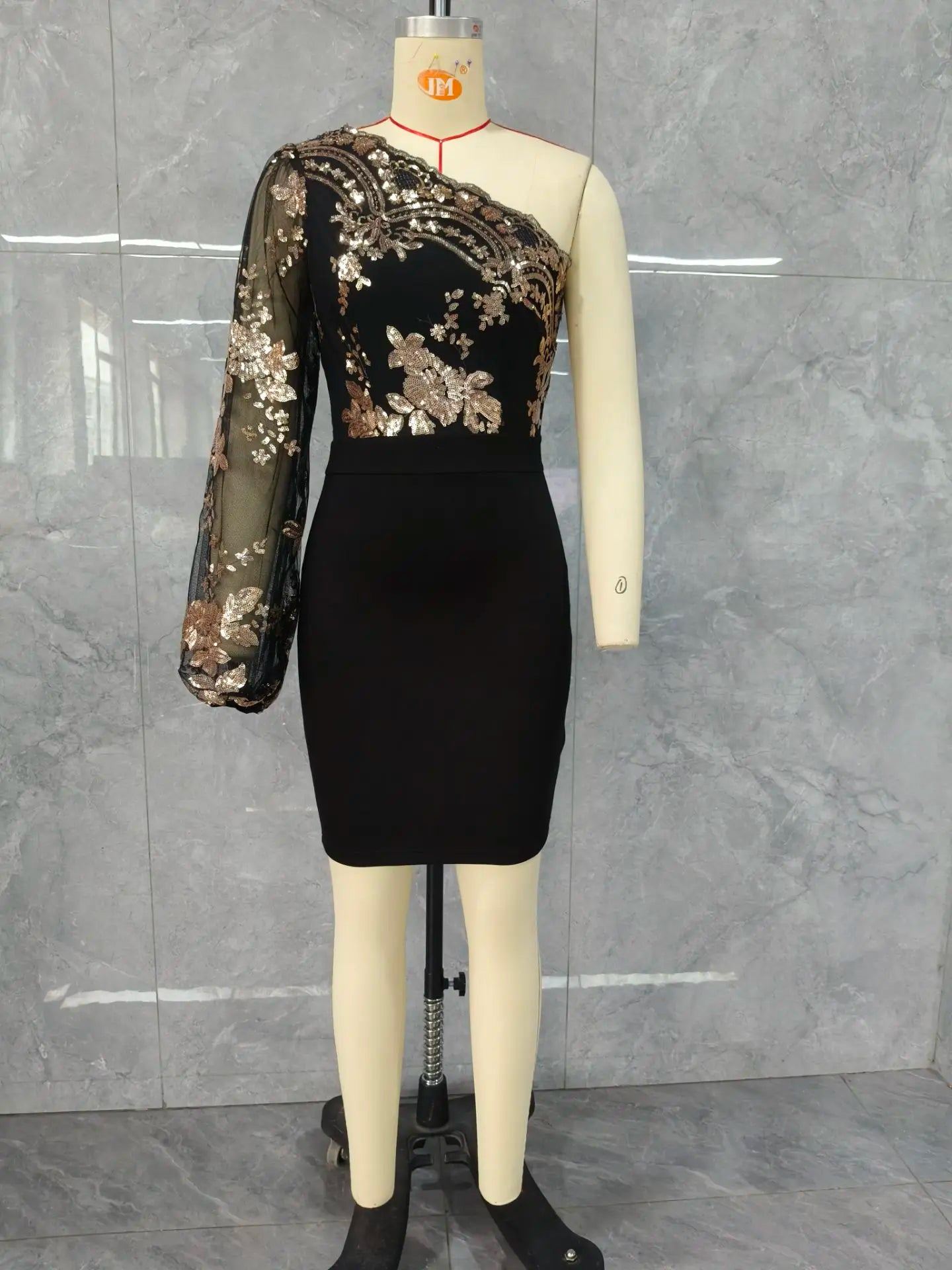 Women Floral Pattern Contrast Sequin One Shoulder Bodycon Party Dress