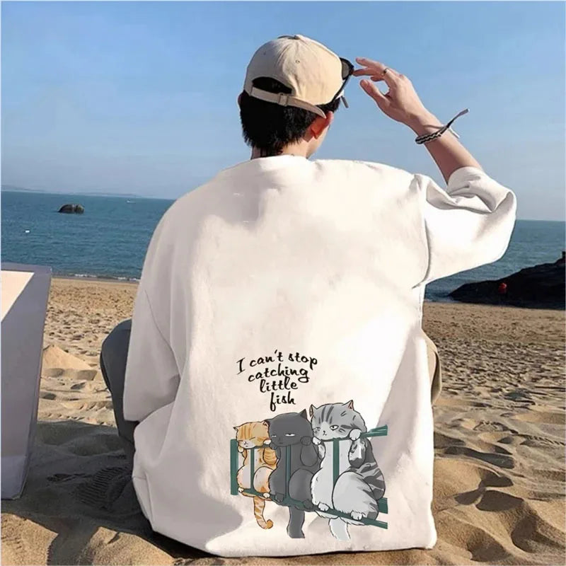 New Summer Japanese Anime Cat Print Tshirt Men Soft Cotton T-shirts Men High Street Couple T Shirts Casuals Streetwear Men