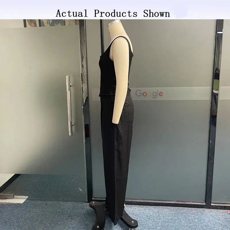 Women Two Piece Set Summer Fashion Sleeveless Square Neck Suspender Slim Top Loose Wide Legs Pants Sets Streetwear
