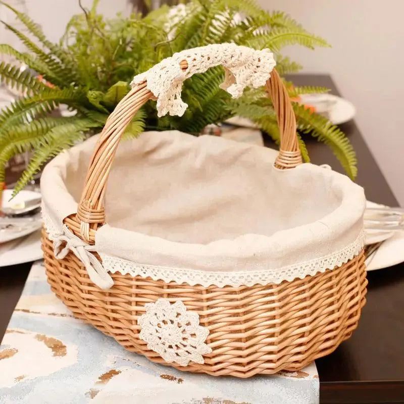 Rattan Picnic Basket Seaweed Wicker Rattan Hanging Flower Hand Woven Serving Basket With Handle Picnic Fruit Flower Basket