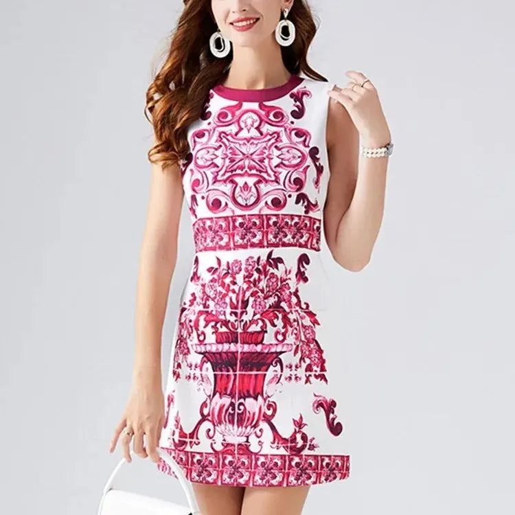 Fashion Runway Summer Short Dress Women's Sleeveless Elegant Blue And White Porcelain Flower Print Holiday Tank Mini Vestidos