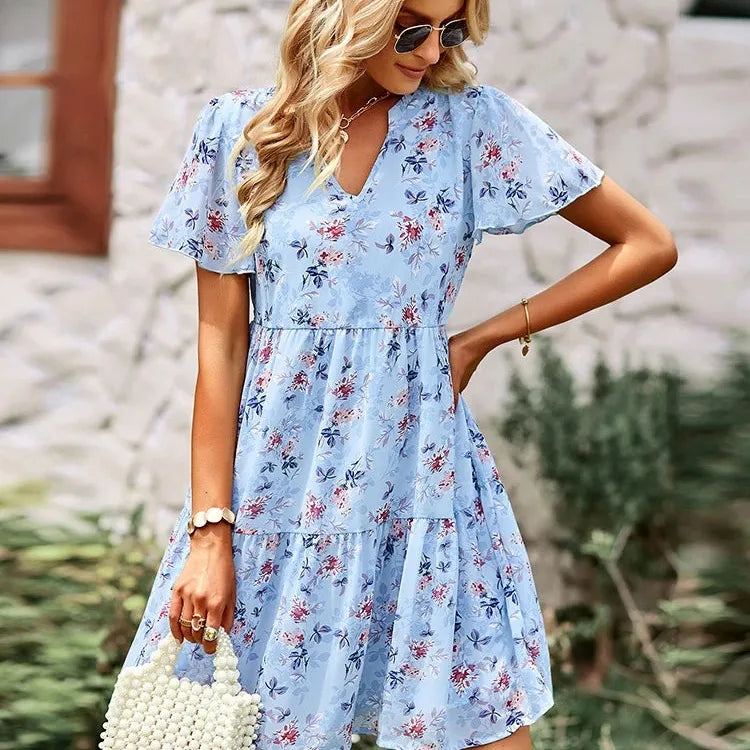 Spring Summer Fashion Women V Neck Short Sleeve Loose Chic Floral Printed Dress