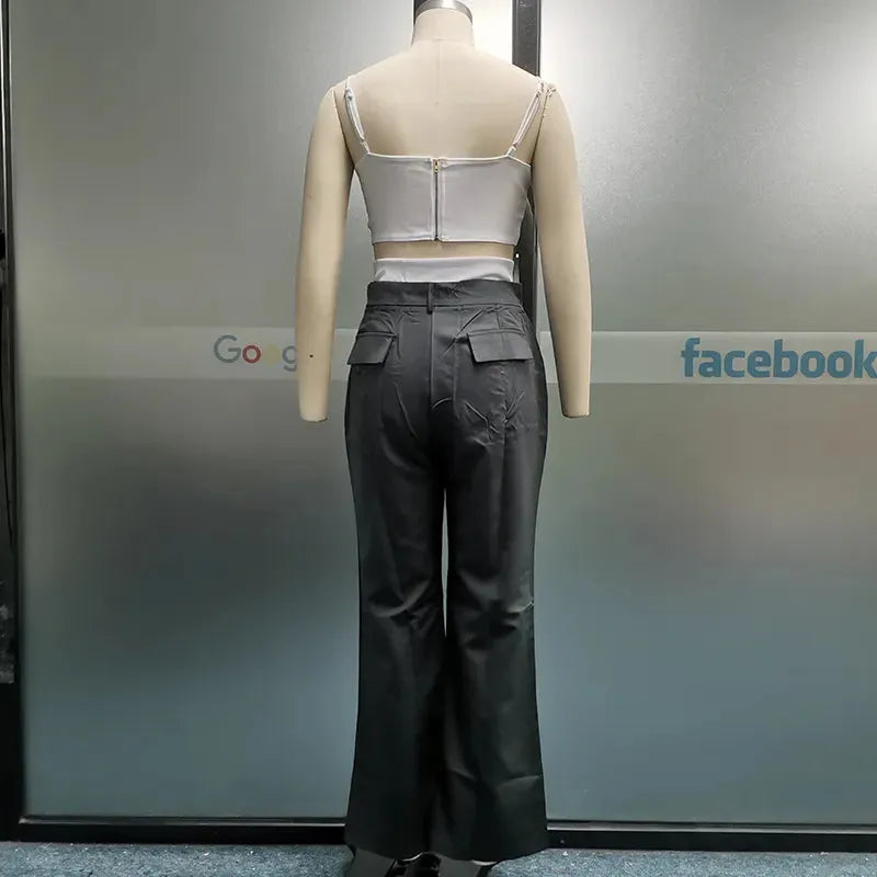 Women Two Piece Set Summer Sexy Solid Suspender Sleeveless Backless Zipper Top Loose With Pockets Pants Set Streetwear