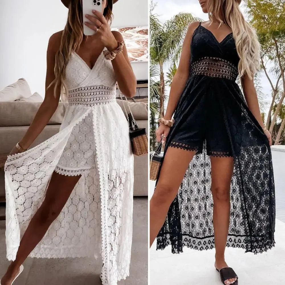 Summer Popular Long Dress White Women Jumpsuit Sexy Shorts Playsuit Lace Hollow-Out Sleeveless for Vacation High Waist Rompers
