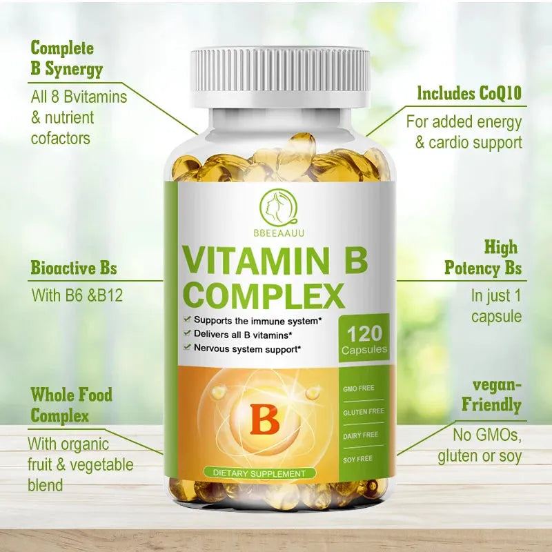 BBEEAAUU Super B Vitamin B Complex Capsules (Vitamin B1, B2, B3, B5, B6, B12, Folic Acid, Biotin, COQ10) Contain all B Vitamins