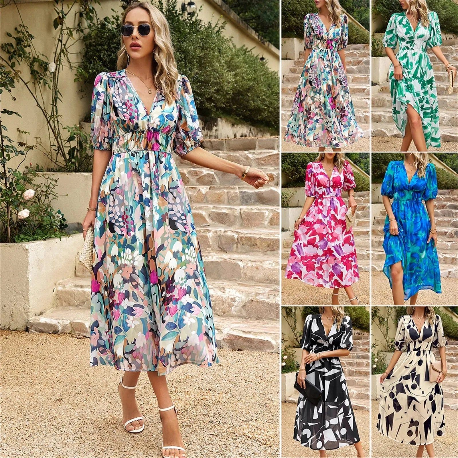 High Quality Luxury Design Dress Women Clothing Vestido 2024 Elegant Waist Cinching V-neck Printed Elastic Waist Maxi Sexy Dress