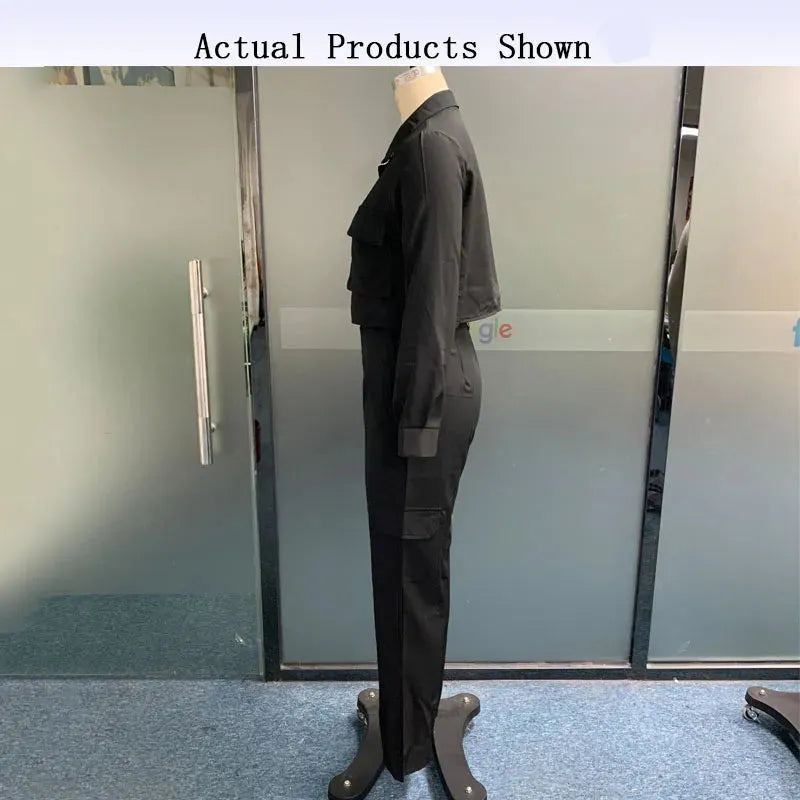 Women Two Piece Set Autumn Fashion Solid Zipper Lapel Short Jacket Top Loose Overalls Cargo Pockets Pants Streetwear