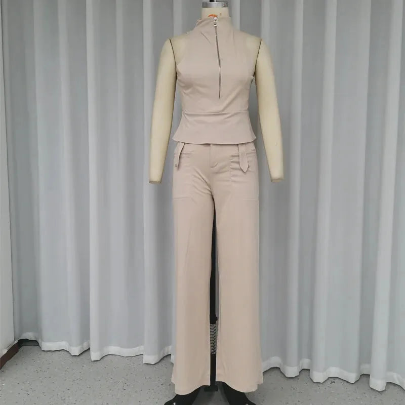 Women Two Piece Trend Fashion Round Neck Solid Zipper Sleeveless Tank Top Loose With Pockets Pants Sets Streetwear
