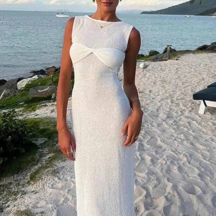 JULISSA MO Knitted Round Neck Ruched Women Maxi Dress Sleeveless See Through Dress Female Summer Skinny Elegant Party Beachwear
