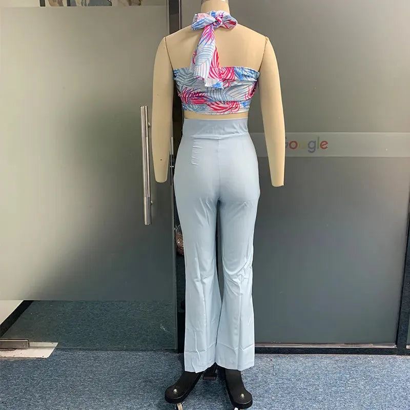 Women Two Piece Set Summer Fashion Printed Halterneck Crossover Sleeveless Backless Top Slim Pants Sets Streetwear