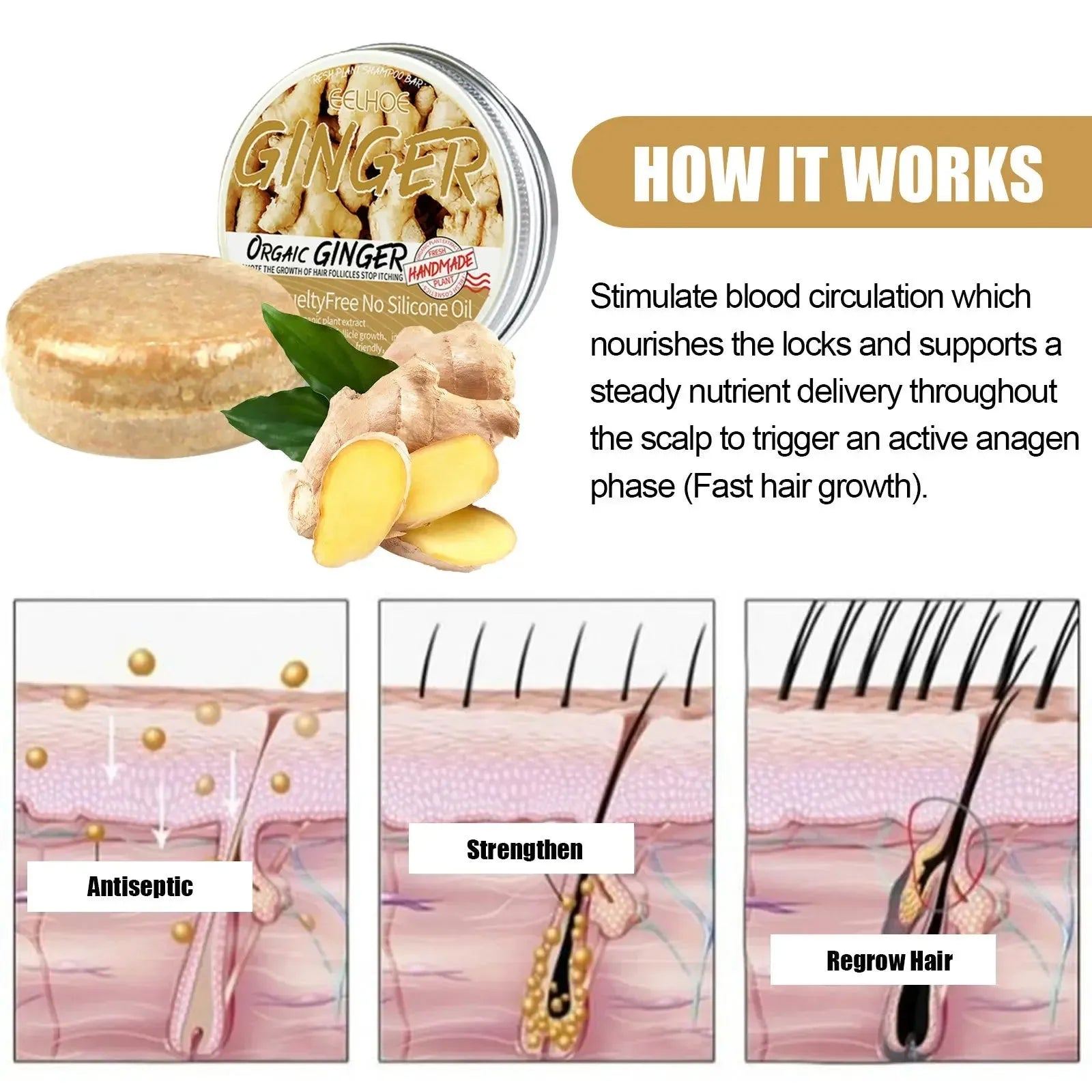 Ginger Shampoo Soap Natural Original 100% Pure Prevent Hair Loss Cleansing for Scalp Thickens Hair Moisturizes Softens