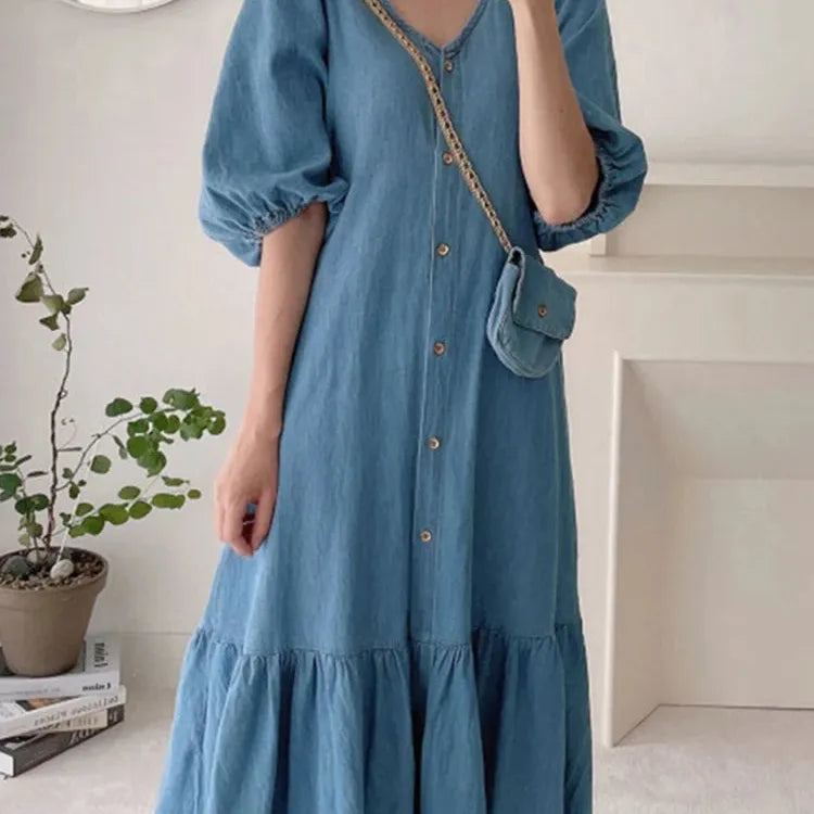 Women Denim Blue Robes Longue ZANZEA Oversized Fashion Summer Puff Sleeve Maxi Vestidos Retro Dress Casual Solid Baggy Sundress
