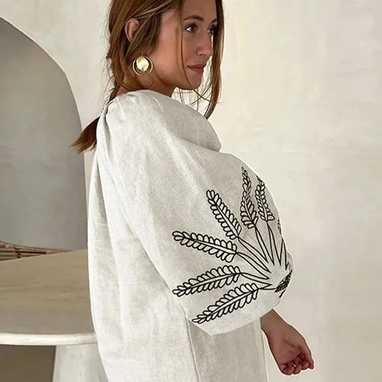 Embroidery Linen Long Lantern Sleeve Women Maxi Dress Loose V Neck Dresses Female Fashion Elegant Lady Robe 2024 Spring Summer