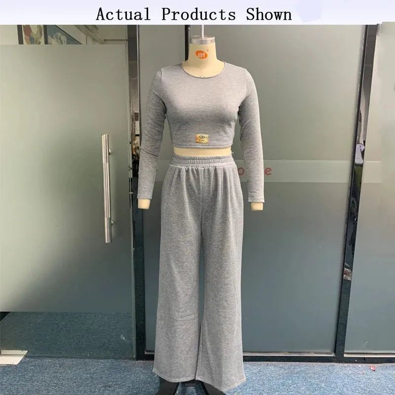 Women Two Piece Set Autumn Casual Sport Solid Round Neck Long Sleeve High Waist Slim Top Loose Wide Legs Pants Sets