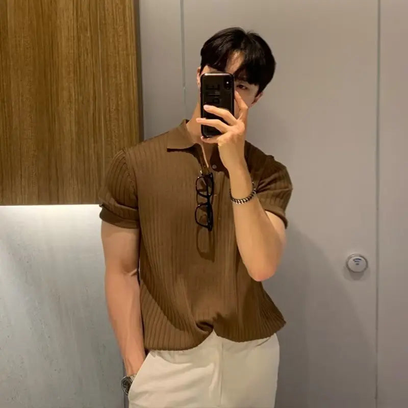 Summer Men's Clothing Retro Knit Lapel Striped Polo Shirt Solid Color Short Sleeve Fashion Simple Casual Male Tops Size M-2XL