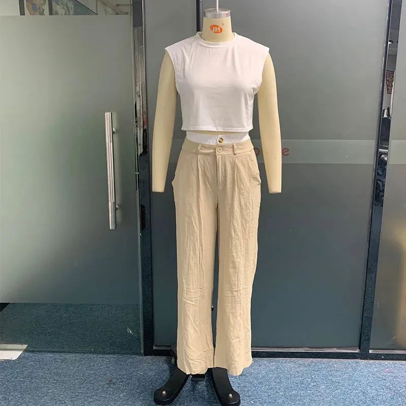 Women Two Piece Set Summer Casual Simple Solid Round Neck Sleeveless Tank Loose With Pocket Pants Sets High Streetwear