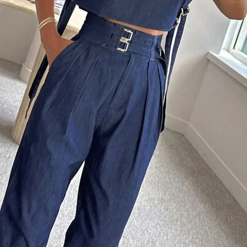 Women Two Piece Set Summer Fashion Office Solid High Neck Short Sleeve Top Straight With Pockets Buckle Pants Sets